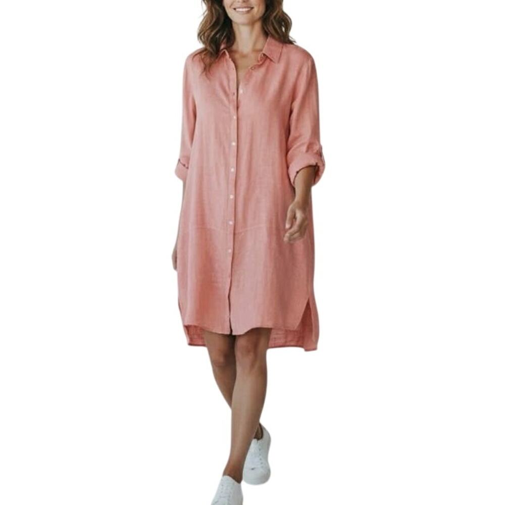 Tahari 100% Linen Pink Shirt Dress Women's Size 1X Breathable Travel Classic